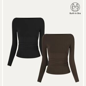 NWT OGL  Pro Warm Modern Side Ruched Boatneck Brami Tops - Black/Espresso